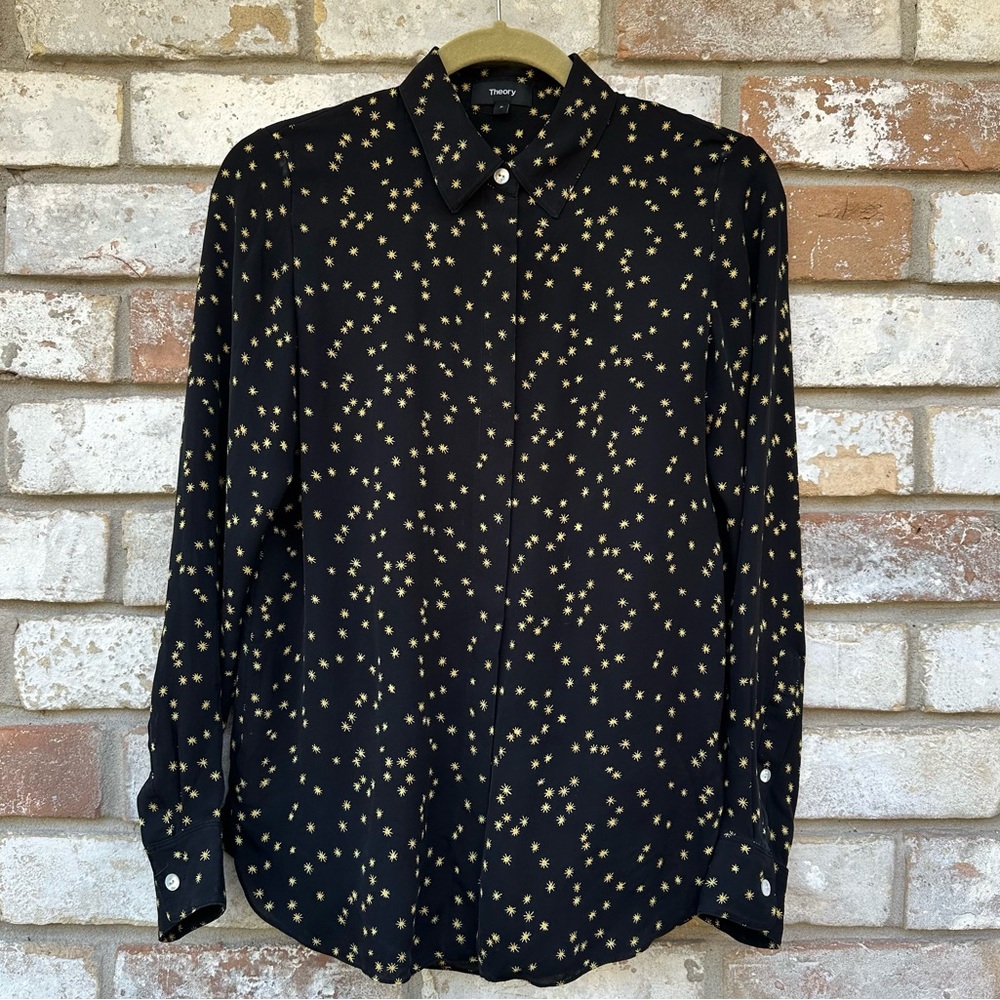 Theory Black and Gold Silk Patterned Button Down Shirt